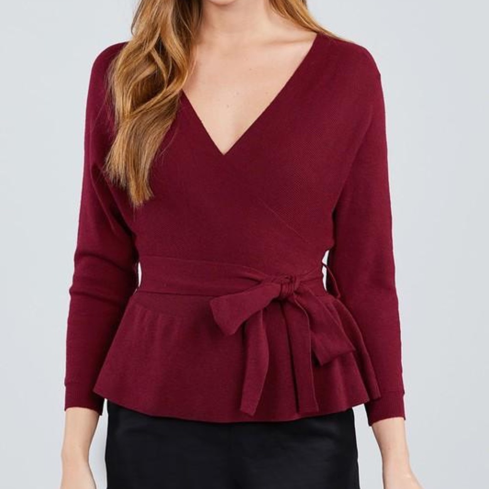 3/4 Sleeve V Neck Wrapped Waist Band Sweater - Picture 2 of 4